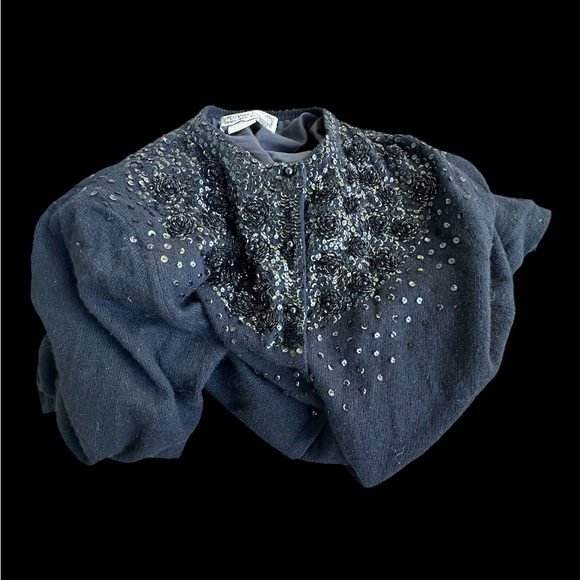 VIVIEN FOREST BLACK BEAD/SEQUIN cardigan EMBELLISHED LINED SZ MEDIUM SO SOFT!! - Picture 3 of 16